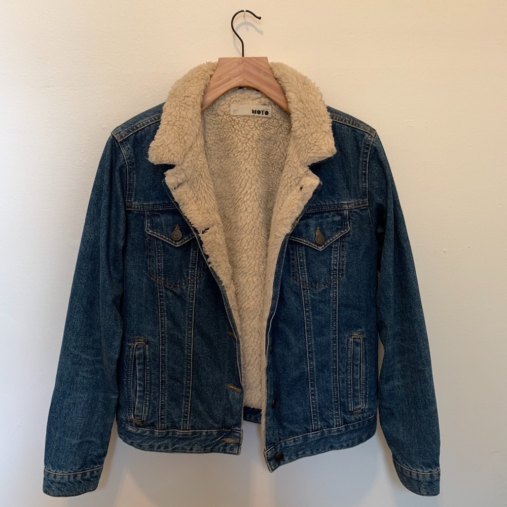 Topshop MOTO Faux Shearling Denim Jacket